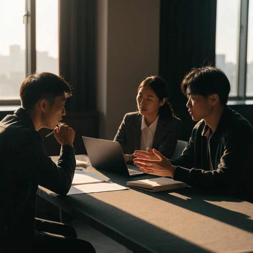 Team in discussion at a worktable with closed laptops and morning light