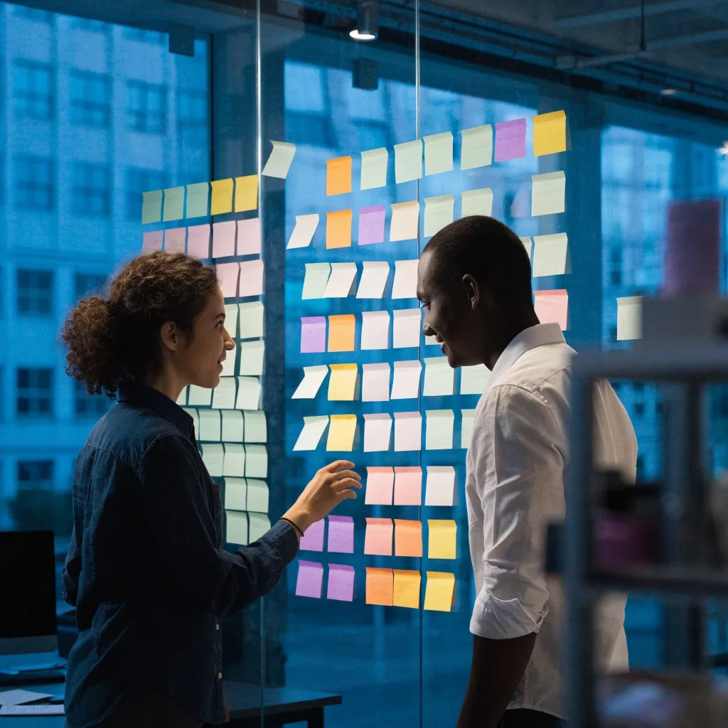 Two people reviewing a project checkpoint together at a studio desk, screen turned away from the camera