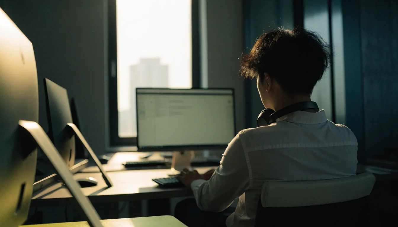 A developer working at a monitor in a Singapore web-development studio at eight in the morning, seen from behind with the screen unreadable