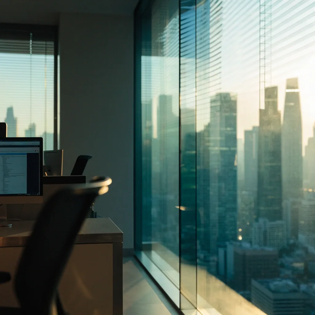 A wide morning view through a tall office window in Singapore, the city skyline blurred beyond the glass