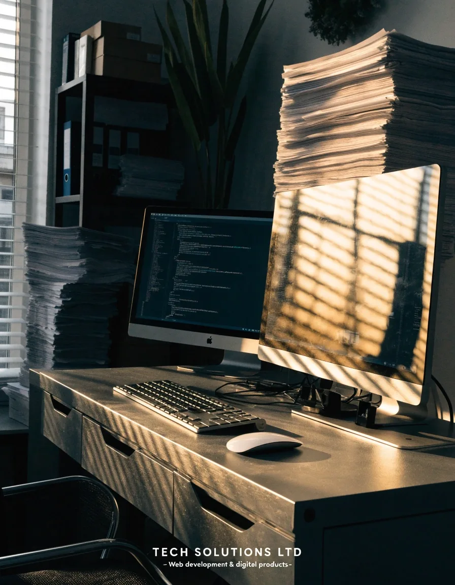 A hand resting on a mechanical keyboard in a dim studio office, lit from one side