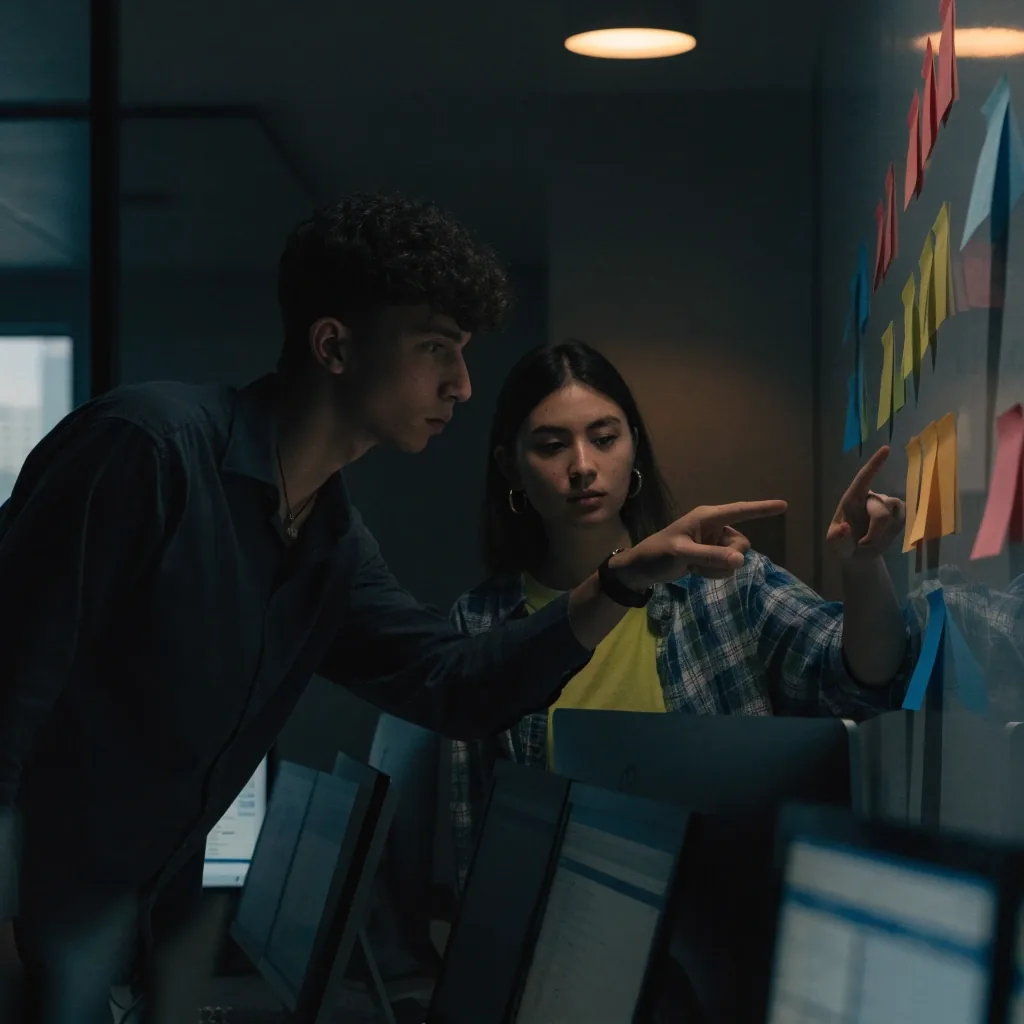 Designer reviewing an interface layout on a monitor in a dim studio