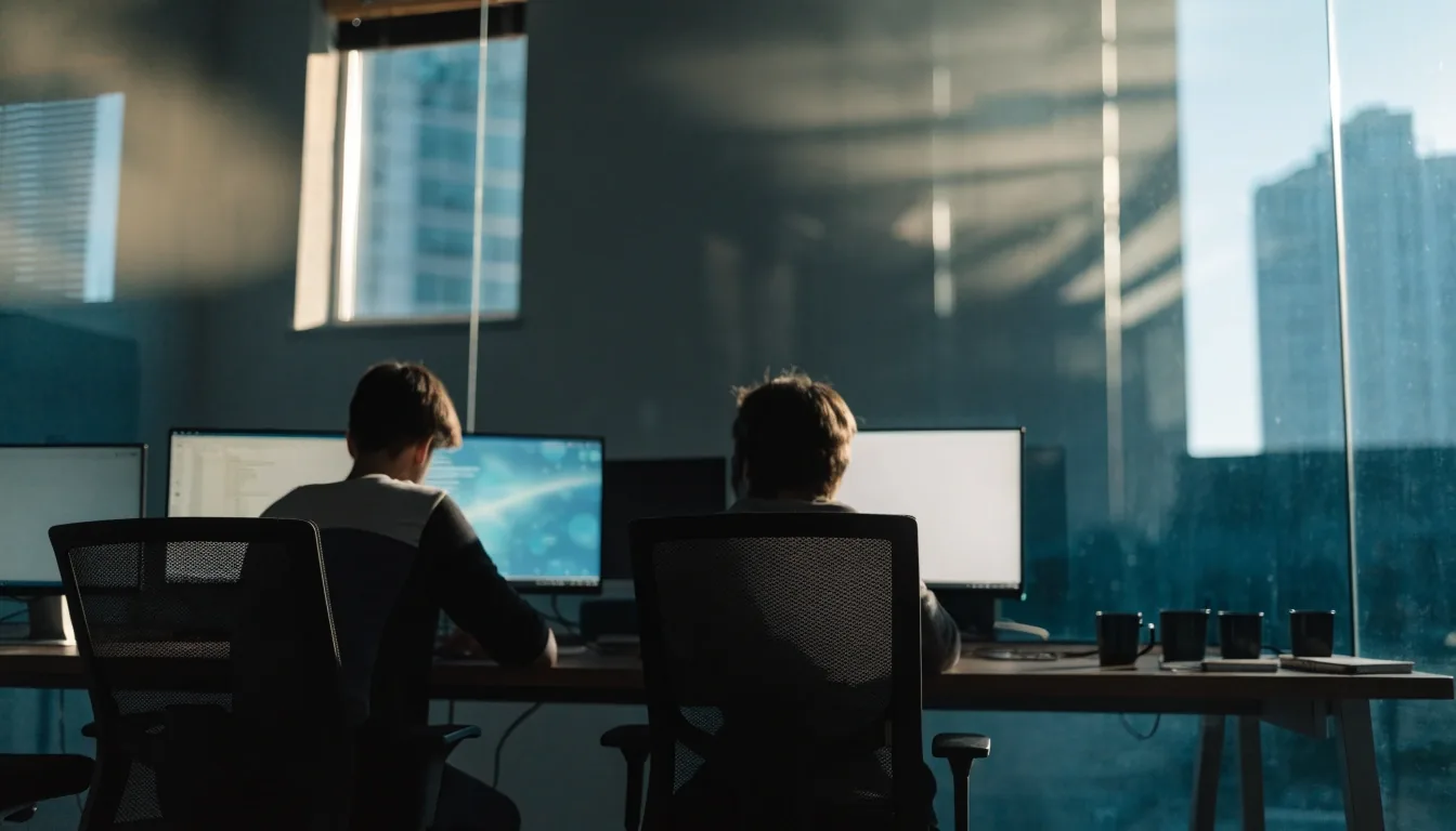 Developers at work in a Singapore studio at the start of the day, monitors glowing out of focus