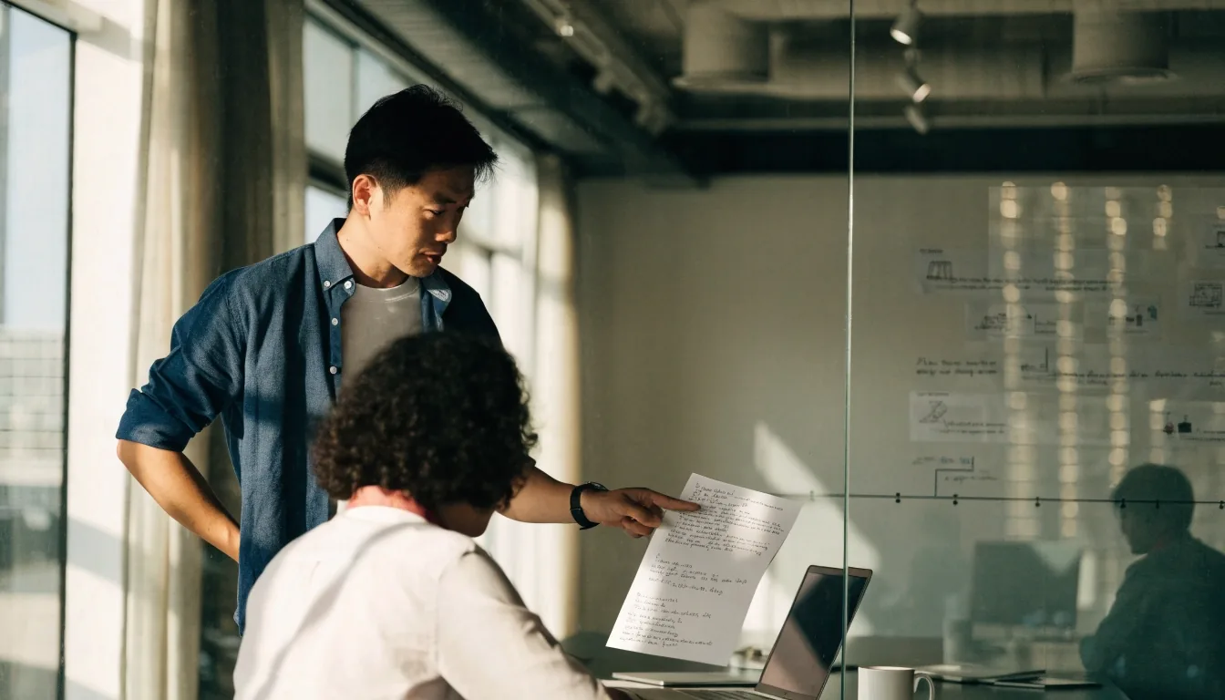 Project lead reviewing a printed delivery schedule before a client checkpoint