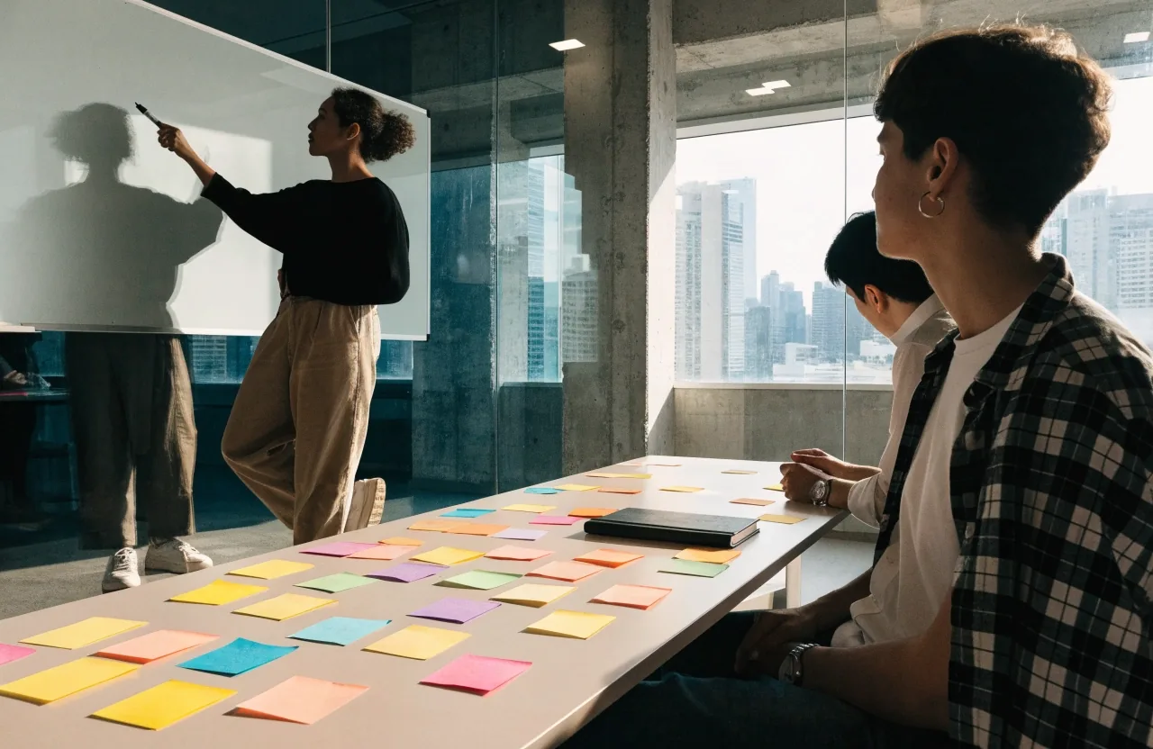 Two colleagues mapping a project on a whiteboard during a discovery session