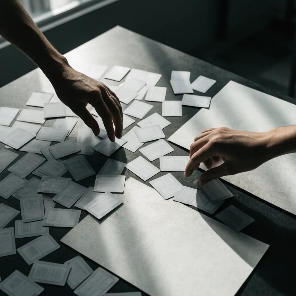 Hands arranging printed layout sheets and component cards on a dark studio table