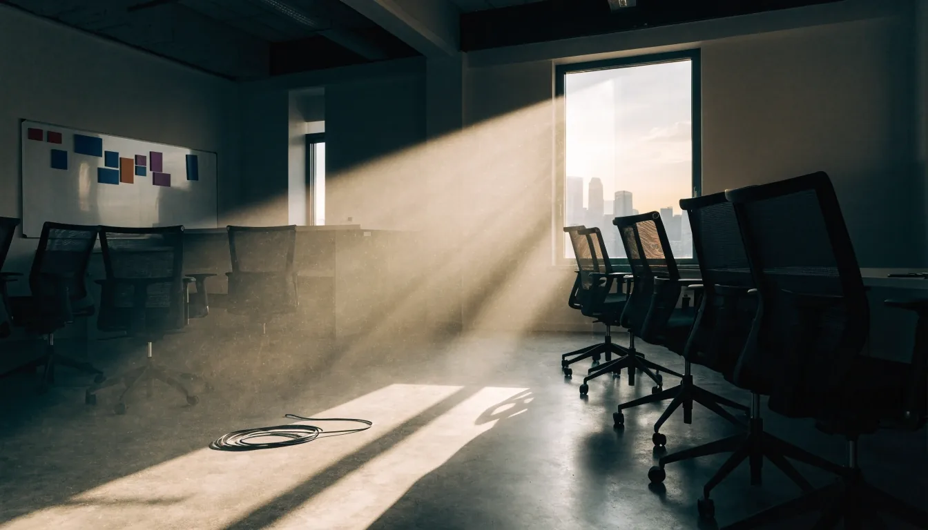Early-morning software studio interior with monitors facing away and one window light raking across the room