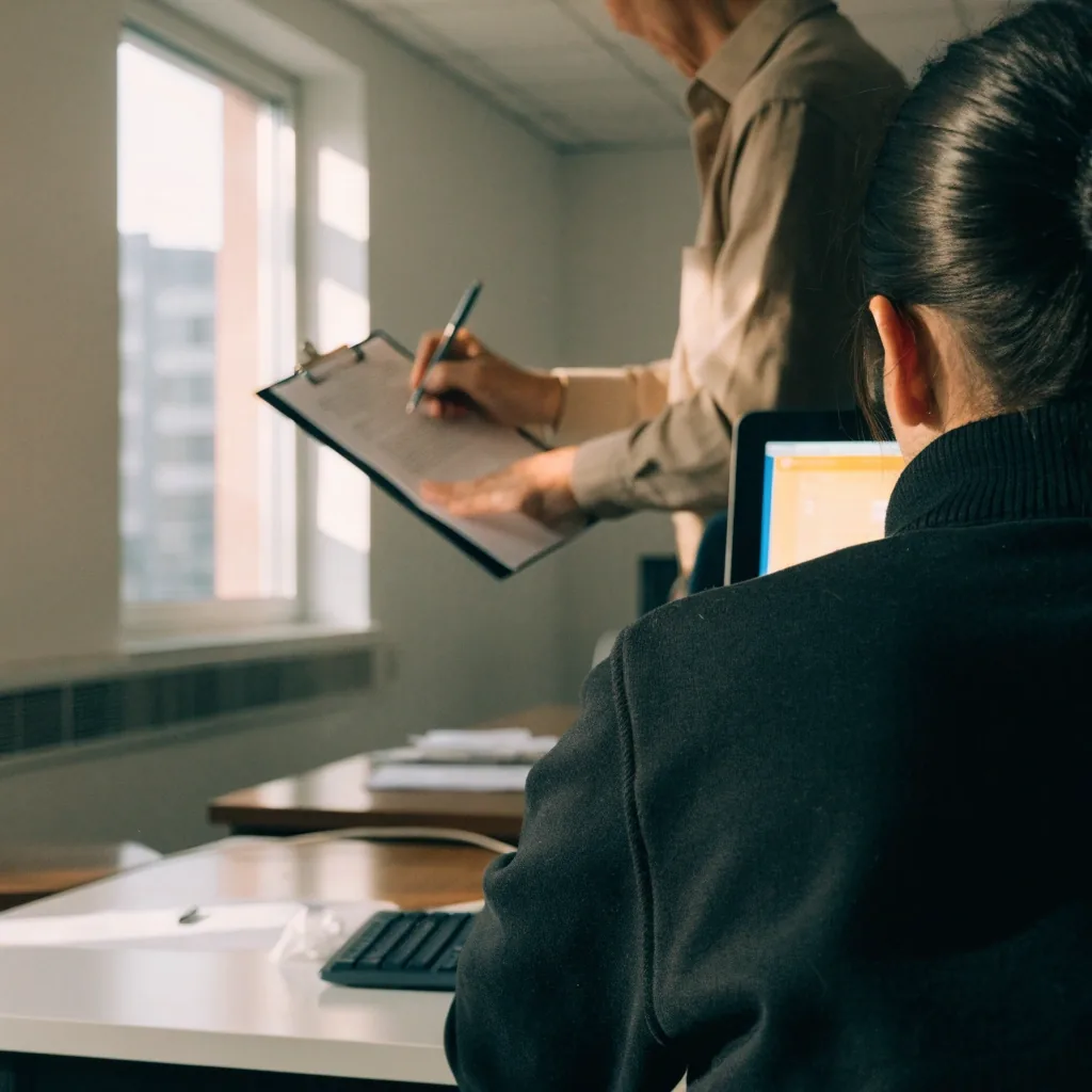 A participant working through a task while a researcher observes from behind