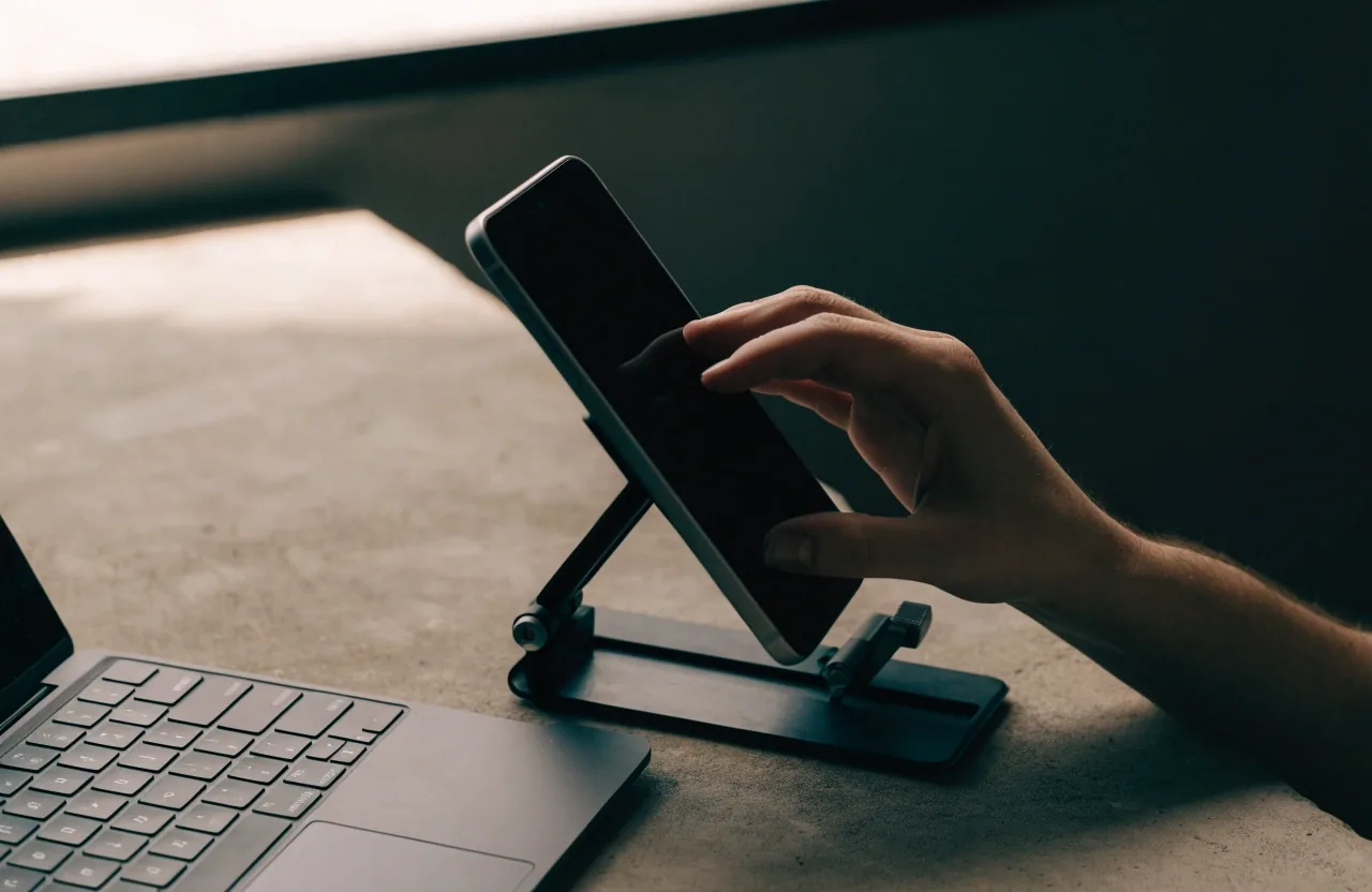 Phone, tablet, and laptop arranged on a studio table with their screens unlit