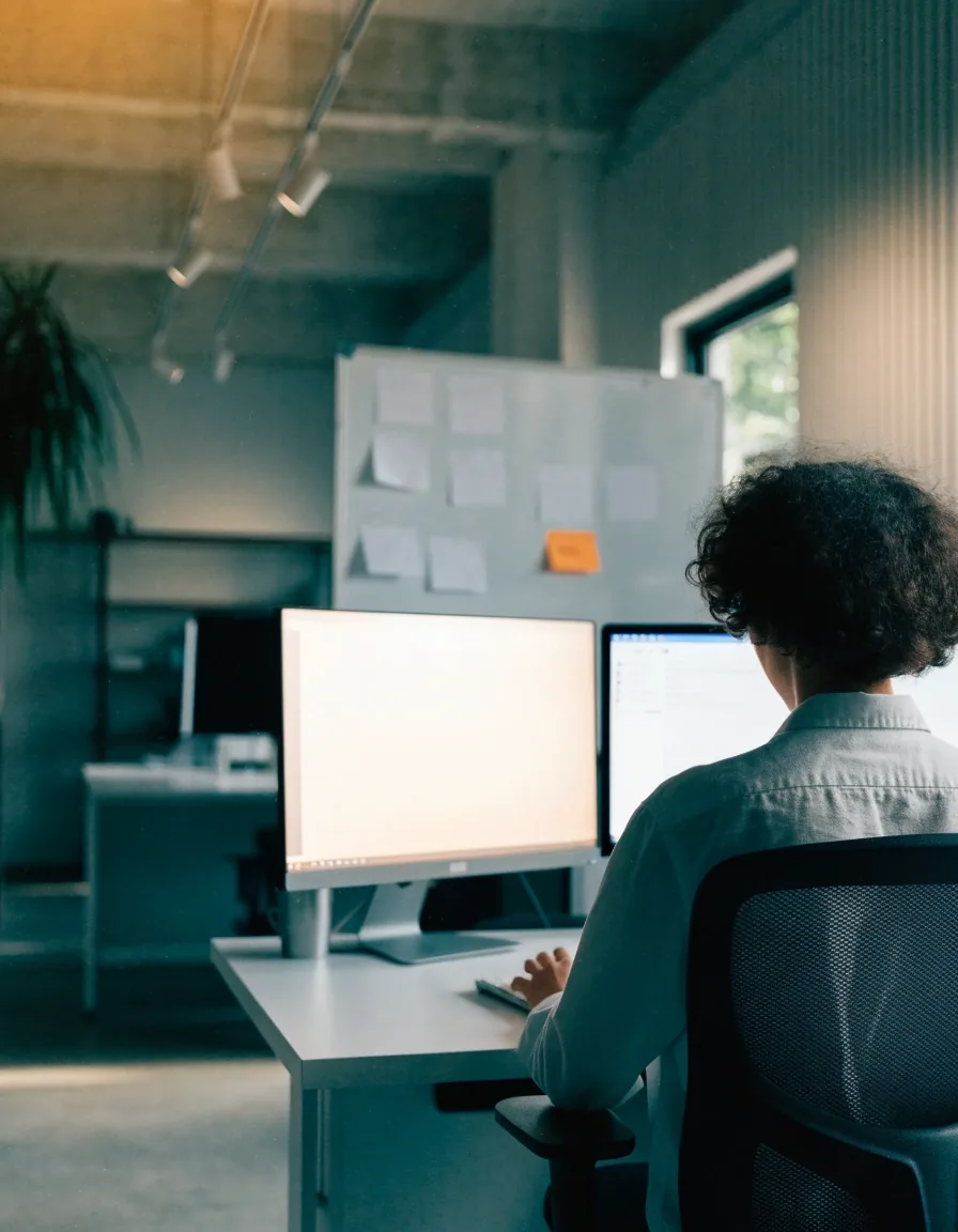 Developer working at a keyboard with a softly lit screen behind in a dim studio